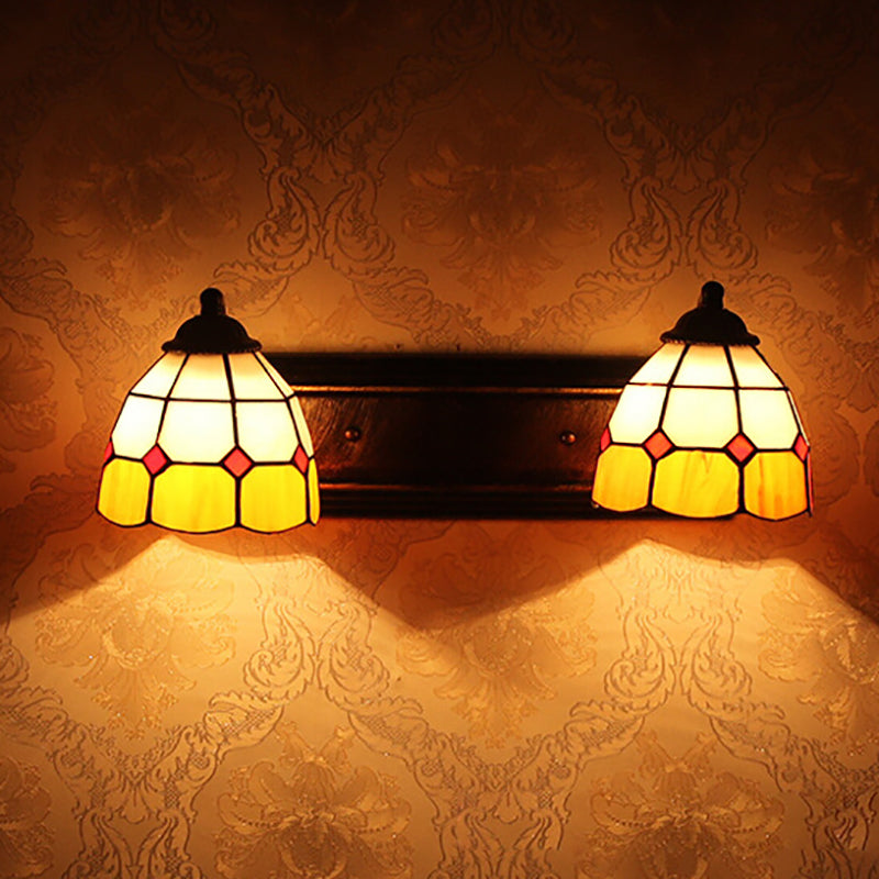 Grid Patterned Sconce Light Baroque Yellow and White Glass 2 Heads Bronze Wall Mounted Light Yellow Clearhalo 'Industrial' 'Middle century wall lights' 'Tiffany wall lights' 'Tiffany' 'Wall Lamps & Sconces' 'Wall Lights' Lighting' 184880