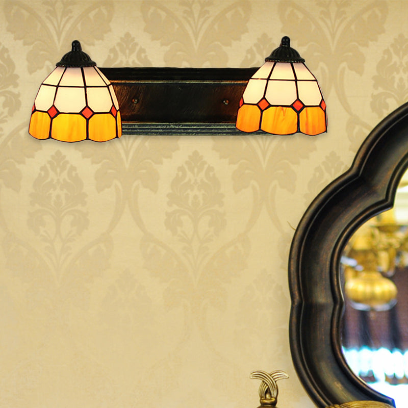 Grid Patterned Sconce Light Baroque Yellow and White Glass 2 Heads Bronze Wall Mounted Light Clearhalo 'Industrial' 'Middle century wall lights' 'Tiffany wall lights' 'Tiffany' 'Wall Lamps & Sconces' 'Wall Lights' Lighting' 184881