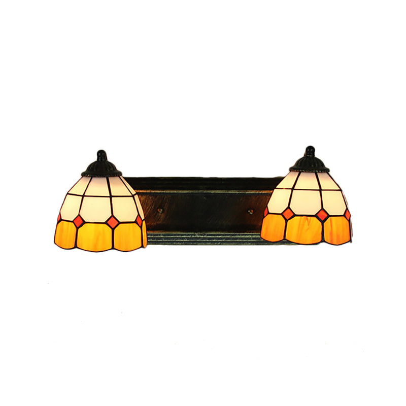 Grid Patterned Sconce Light Baroque Yellow and White Glass 2 Heads Bronze Wall Mounted Light Clearhalo 'Industrial' 'Middle century wall lights' 'Tiffany wall lights' 'Tiffany' 'Wall Lamps & Sconces' 'Wall Lights' Lighting' 184882