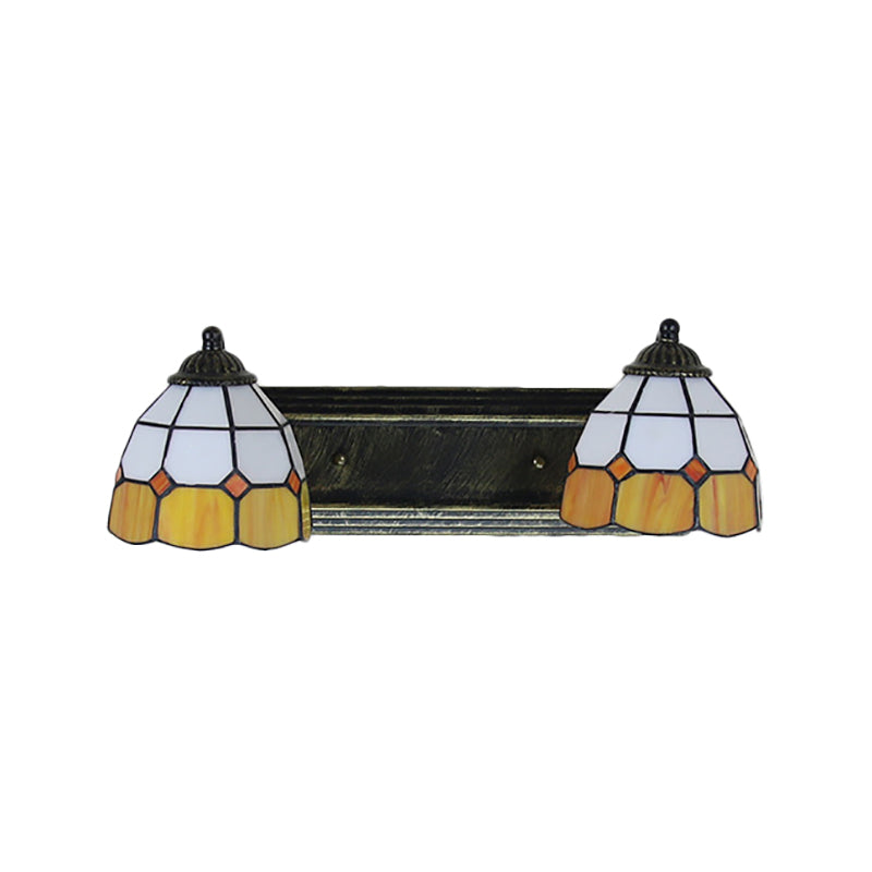 Grid Patterned Sconce Light Baroque Yellow and White Glass 2 Heads Bronze Wall Mounted Light Clearhalo 'Industrial' 'Middle century wall lights' 'Tiffany wall lights' 'Tiffany' 'Wall Lamps & Sconces' 'Wall Lights' Lighting' 184883