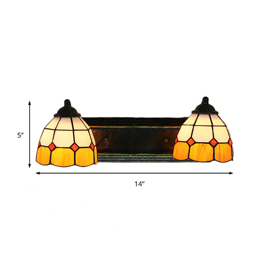 Grid Patterned Sconce Light Baroque Yellow and White Glass 2 Heads Bronze Wall Mounted Light