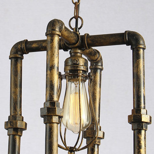 1 Head Rectangular Pipe Ceiling Lighting Industrial Brass Finish Iron Hanging Lamp with Bulb Cage Shade Clearhalo 'Art Deco Pendants' 'Cast Iron' 'Ceiling Lights' 'Ceramic' 'Crystal' 'Industrial Pendants' 'Industrial' 'Metal' 'Middle Century Pendants' 'Pendant Lights' 'Pendants' 'Tiffany' Lighting' 184898