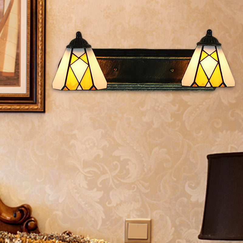 Yellow Glass Cone Sconce Lighting Tiffany 2 Heads Bronze Wall Mount Light for Bedroom Clearhalo 'Industrial' 'Middle century wall lights' 'Tiffany wall lights' 'Tiffany' 'Wall Lamps & Sconces' 'Wall Lights' Lighting' 184900