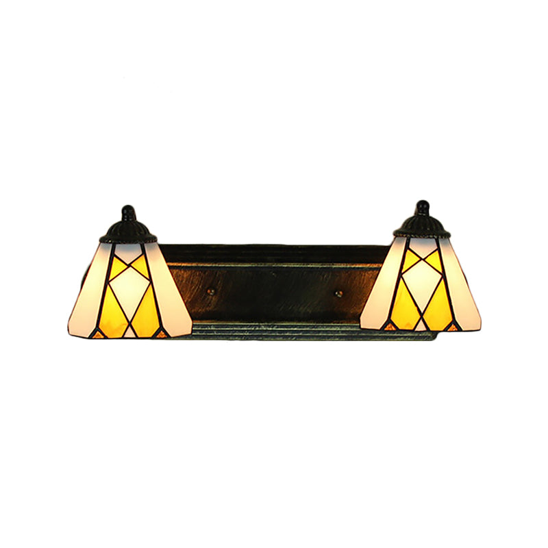 Yellow Glass Cone Sconce Lighting Tiffany 2 Heads Bronze Wall Mount Light for Bedroom Clearhalo 'Industrial' 'Middle century wall lights' 'Tiffany wall lights' 'Tiffany' 'Wall Lamps & Sconces' 'Wall Lights' Lighting' 184901