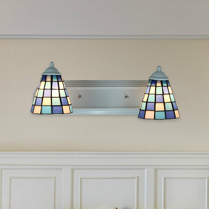 Conical Blue Glass Wall Mounted Light Baroque 2 Heads Sconce Light with Grid Pattern Clearhalo 'Industrial' 'Middle century wall lights' 'Tiffany wall lights' 'Tiffany' 'Wall Lamps & Sconces' 'Wall Lights' Lighting' 184905