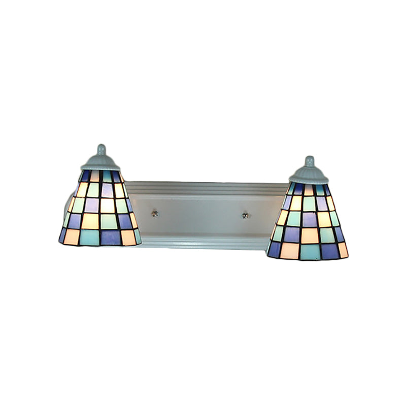 Conical Blue Glass Wall Mounted Light Baroque 2 Heads Sconce Light with Grid Pattern Clearhalo 'Industrial' 'Middle century wall lights' 'Tiffany wall lights' 'Tiffany' 'Wall Lamps & Sconces' 'Wall Lights' Lighting' 184906