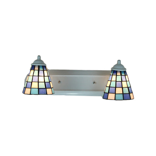 Conical Blue Glass Wall Mounted Light Baroque 2 Heads Sconce Light with Grid Pattern