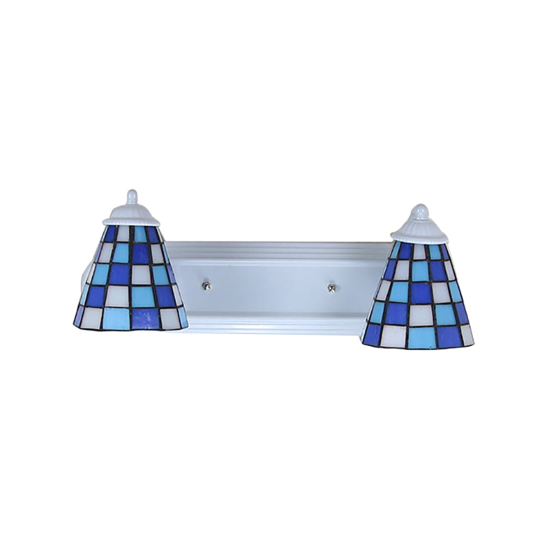 Conical Blue Glass Wall Mounted Light Baroque 2 Heads Sconce Light with Grid Pattern Clearhalo 'Industrial' 'Middle century wall lights' 'Tiffany wall lights' 'Tiffany' 'Wall Lamps & Sconces' 'Wall Lights' Lighting' 184907