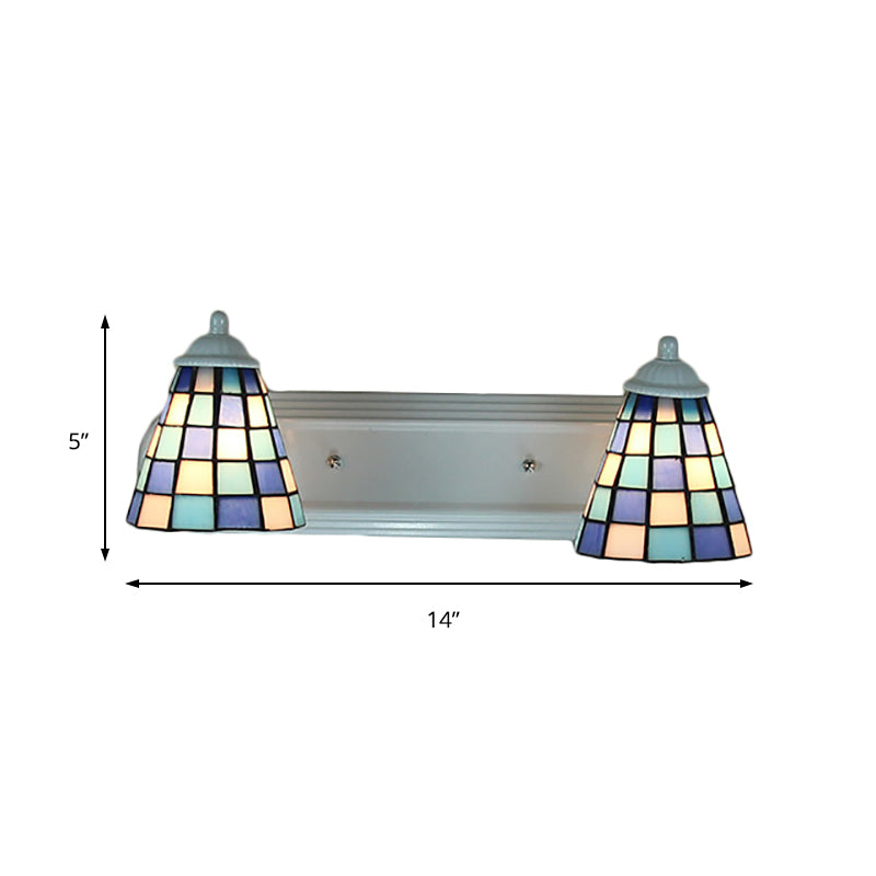 Conical Blue Glass Wall Mounted Light Baroque 2 Heads Sconce Light with Grid Pattern Clearhalo 'Industrial' 'Middle century wall lights' 'Tiffany wall lights' 'Tiffany' 'Wall Lamps & Sconces' 'Wall Lights' Lighting' 184908
