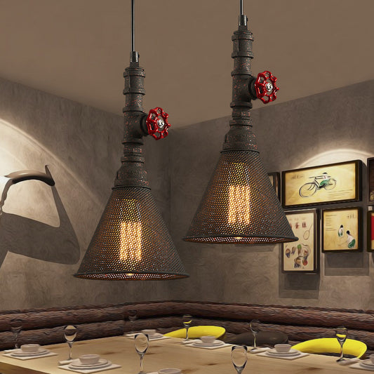 1 Bulb Mesh Scree Pendant Lighting with Cone Shade and Valve Vintage Style Rust Metallic Hanging Lamp Clearhalo 'Art Deco Pendants' 'Cast Iron' 'Ceiling Lights' 'Ceramic' 'Crystal' 'Industrial Pendants' 'Industrial' 'Metal' 'Middle Century Pendants' 'Pendant Lights' 'Pendants' 'Tiffany' Lighting' 184910