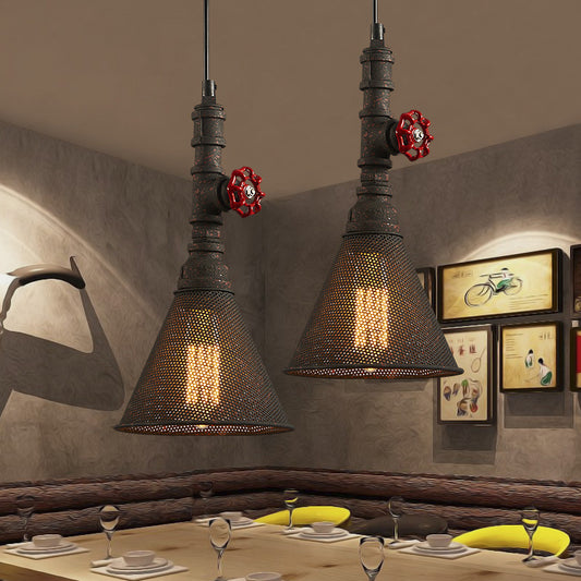 1 Bulb Mesh Scree Pendant Lighting with Cone Shade and Valve Vintage Style Rust Metallic Hanging Lamp Clearhalo 'Art Deco Pendants' 'Cast Iron' 'Ceiling Lights' 'Ceramic' 'Crystal' 'Industrial Pendants' 'Industrial' 'Metal' 'Middle Century Pendants' 'Pendant Lights' 'Pendants' 'Tiffany' Lighting' 184910