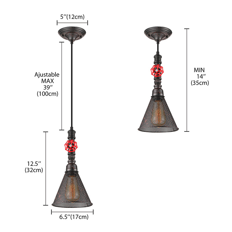 1 Bulb Mesh Scree Pendant Lighting with Cone Shade and Valve Vintage Style Rust Metallic Hanging Lamp Clearhalo 'Art Deco Pendants' 'Cast Iron' 'Ceiling Lights' 'Ceramic' 'Crystal' 'Industrial Pendants' 'Industrial' 'Metal' 'Middle Century Pendants' 'Pendant Lights' 'Pendants' 'Tiffany' Lighting' 184912