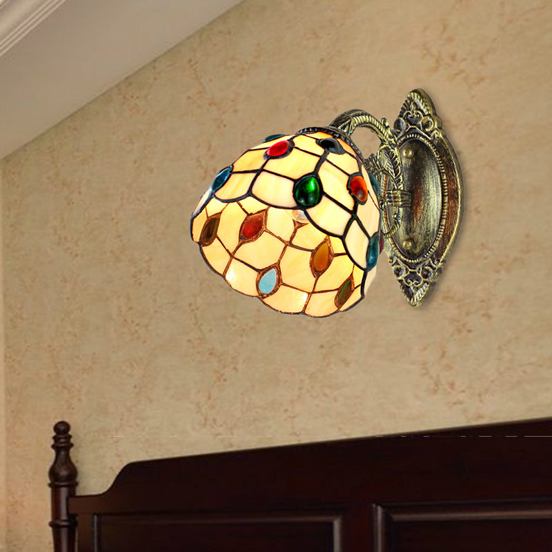 1 Light Dome Shade Wall Light Retro Style Stained Glass Wall Sconce with Jewel Pattern in Yellow Yellow Clearhalo 'Industrial' 'Middle century wall lights' 'Tiffany wall lights' 'Tiffany' 'Wall Lamps & Sconces' 'Wall Lights' Lighting' 184924