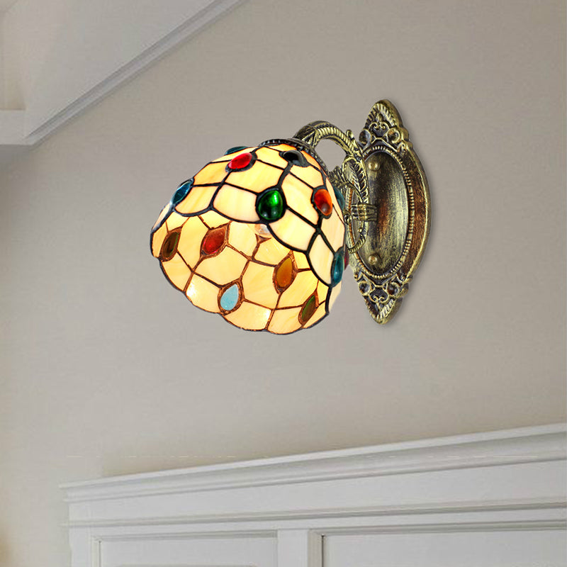 1 Light Dome Shade Wall Light Retro Style Stained Glass Wall Sconce with Jewel Pattern in Yellow Clearhalo 'Industrial' 'Middle century wall lights' 'Tiffany wall lights' 'Tiffany' 'Wall Lamps & Sconces' 'Wall Lights' Lighting' 184925
