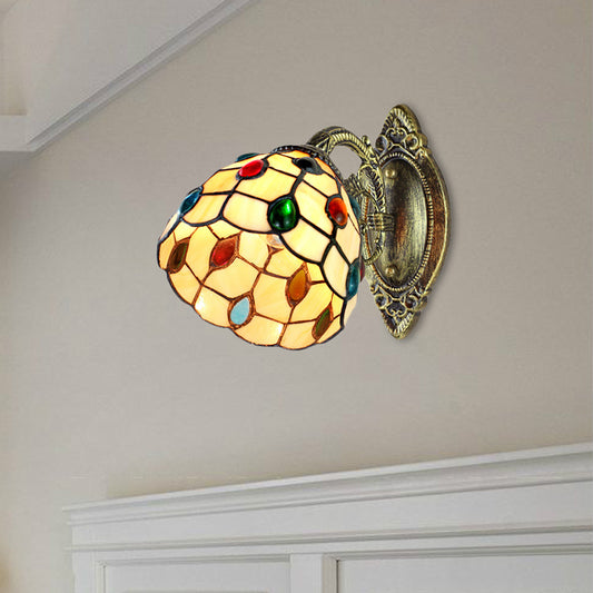 1 Light Dome Shade Wall Light Retro Style Stained Glass Wall Sconce with Jewel Pattern in Yellow Clearhalo 'Industrial' 'Middle century wall lights' 'Tiffany wall lights' 'Tiffany' 'Wall Lamps & Sconces' 'Wall Lights' Lighting' 184925