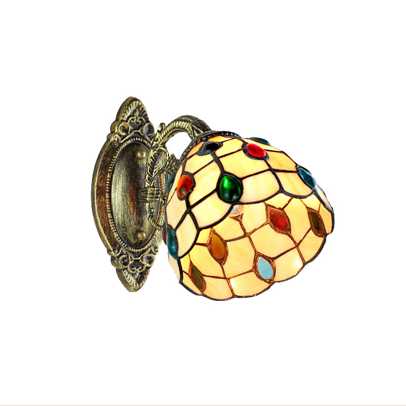 1 Light Dome Shade Wall Light Retro Style Stained Glass Wall Sconce with Jewel Pattern in Yellow Clearhalo 'Industrial' 'Middle century wall lights' 'Tiffany wall lights' 'Tiffany' 'Wall Lamps & Sconces' 'Wall Lights' Lighting' 184926