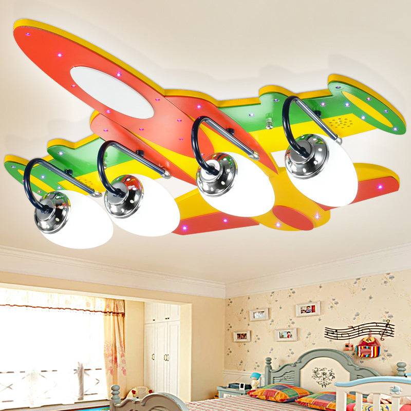Fighter Airplane Semi Ceiling Mount Light 4 Bulbs Modern Wood Ceiling Fixture for Kindergarten Yellow Clearhalo 'Ceiling Lights' 'Close To Ceiling Lights' 'Close to ceiling' 'Flush mount' Lighting' 184932