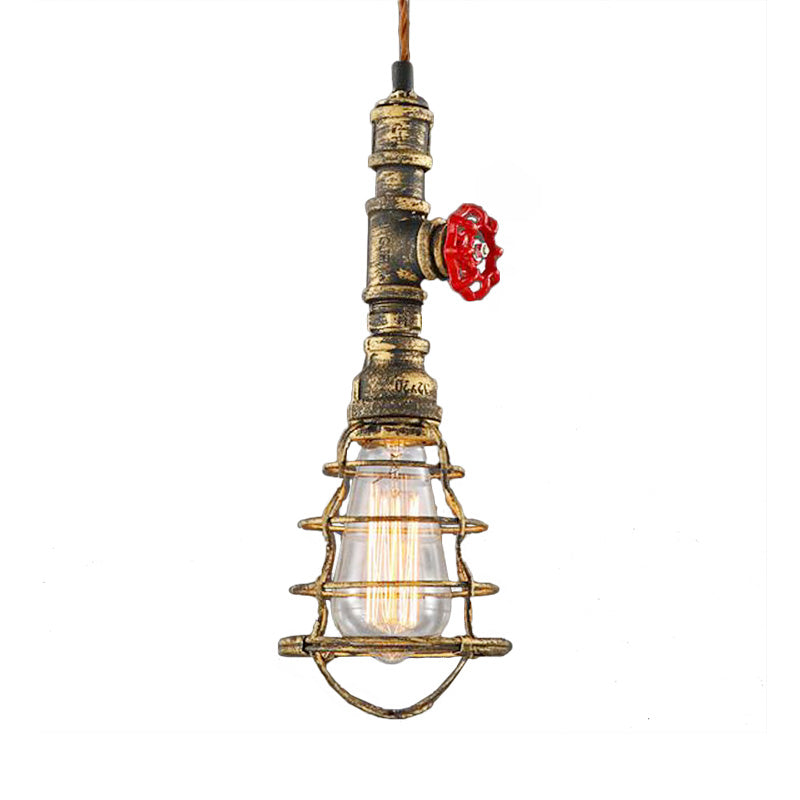 Metal Wire Cage Pendant Light Farmhouse Style 1 Light Indoor Hanging Fixture with Valve Design in Black/Red Finish Clearhalo 'Art Deco Pendants' 'Black' 'Cast Iron' 'Ceiling Lights' 'Ceramic' 'Crystal' 'Industrial Pendants' 'Industrial' 'Metal' 'Middle Century Pendants' 'Pendant Lights' 'Pendants' 'Rustic Pendants' 'Tiffany' Lighting' 184975