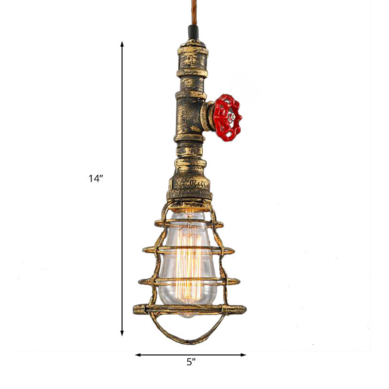 Metal Wire Cage Pendant Light Farmhouse Style 1 Light Indoor Hanging Fixture with Valve Design in Black/Red Finish Clearhalo 'Art Deco Pendants' 'Black' 'Cast Iron' 'Ceiling Lights' 'Ceramic' 'Crystal' 'Industrial Pendants' 'Industrial' 'Metal' 'Middle Century Pendants' 'Pendant Lights' 'Pendants' 'Rustic Pendants' 'Tiffany' Lighting' 184976