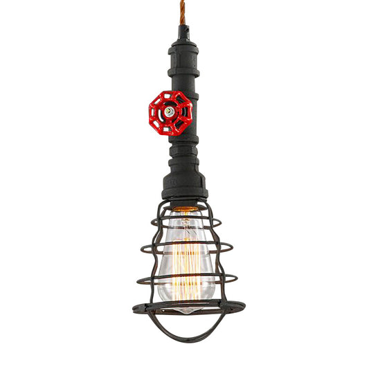 Metal Wire Cage Pendant Light Farmhouse Style 1 Light Indoor Hanging Fixture with Valve Design in Black/Red Finish Clearhalo 'Art Deco Pendants' 'Black' 'Cast Iron' 'Ceiling Lights' 'Ceramic' 'Crystal' 'Industrial Pendants' 'Industrial' 'Metal' 'Middle Century Pendants' 'Pendant Lights' 'Pendants' 'Rustic Pendants' 'Tiffany' Lighting' 184979