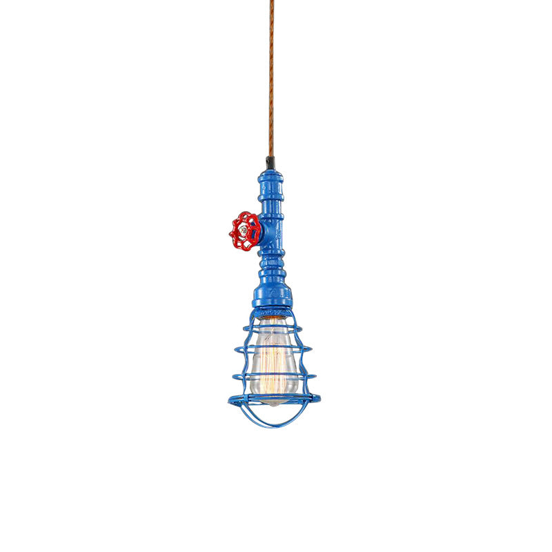 Metal Wire Cage Pendant Light Farmhouse Style 1 Light Indoor Hanging Fixture with Valve Design in Black/Red Finish Clearhalo 'Art Deco Pendants' 'Black' 'Cast Iron' 'Ceiling Lights' 'Ceramic' 'Crystal' 'Industrial Pendants' 'Industrial' 'Metal' 'Middle Century Pendants' 'Pendant Lights' 'Pendants' 'Rustic Pendants' 'Tiffany' Lighting' 184985