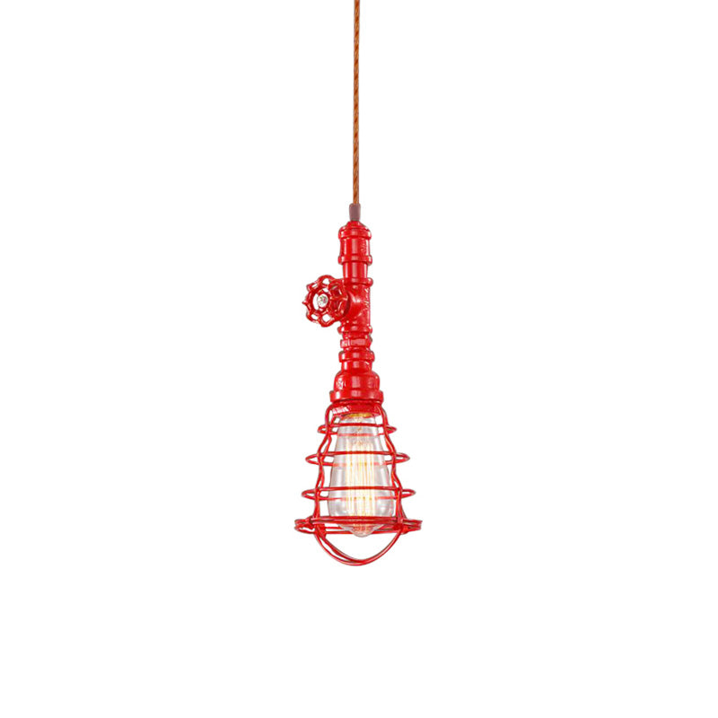Metal Wire Cage Pendant Light Farmhouse Style 1 Light Indoor Hanging Fixture with Valve Design in Black/Red Finish Clearhalo 'Art Deco Pendants' 'Black' 'Cast Iron' 'Ceiling Lights' 'Ceramic' 'Crystal' 'Industrial Pendants' 'Industrial' 'Metal' 'Middle Century Pendants' 'Pendant Lights' 'Pendants' 'Rustic Pendants' 'Tiffany' Lighting' 184988