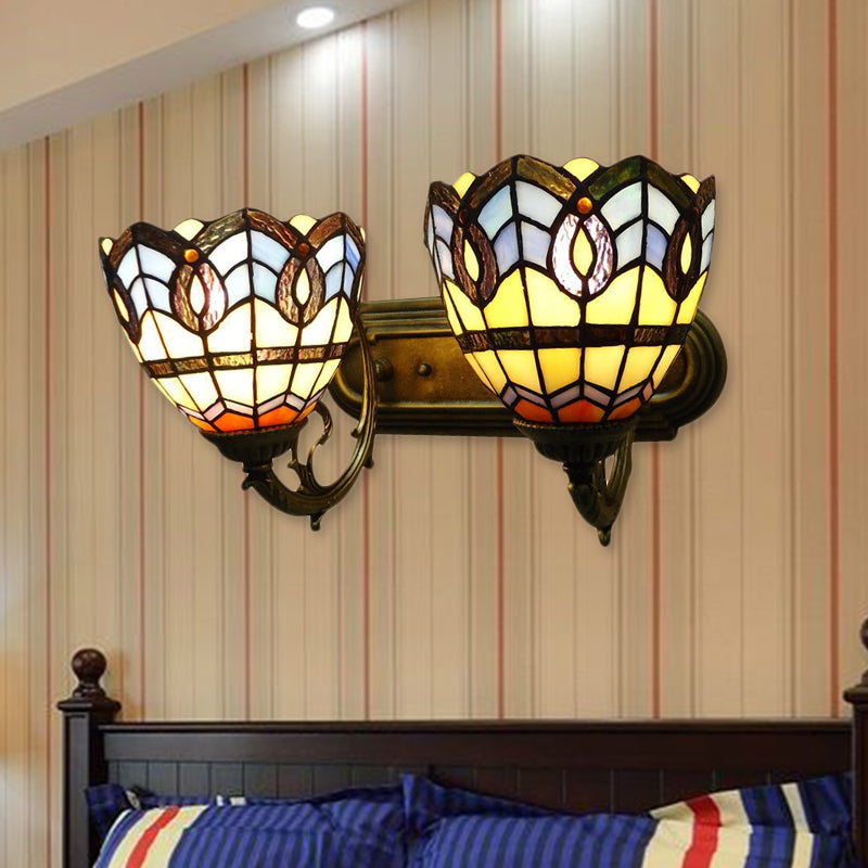Vintage Bowl Wall Fixture Light Stained Glass 2 Lights Wall Sconce Lamp Fixture for Bedroom Lighting Beige Clearhalo 'Industrial' 'Middle century wall lights' 'Tiffany wall lights' 'Tiffany' 'Wall Lamps & Sconces' 'Wall Lights' Lighting' 184997