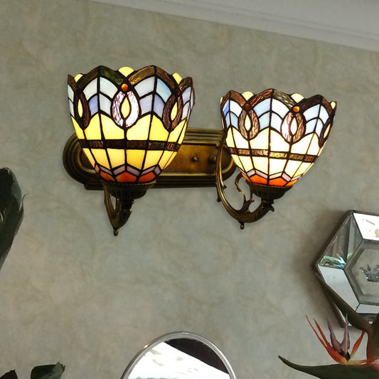 Vintage Bowl Wall Fixture Light Stained Glass 2 Lights Wall Sconce Lamp Fixture for Bedroom Lighting Clearhalo 'Industrial' 'Middle century wall lights' 'Tiffany wall lights' 'Tiffany' 'Wall Lamps & Sconces' 'Wall Lights' Lighting' 184998