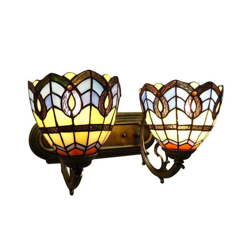 Vintage Bowl Wall Fixture Light Stained Glass 2 Lights Wall Sconce Lamp Fixture for Bedroom Lighting Clearhalo 'Industrial' 'Middle century wall lights' 'Tiffany wall lights' 'Tiffany' 'Wall Lamps & Sconces' 'Wall Lights' Lighting' 184999