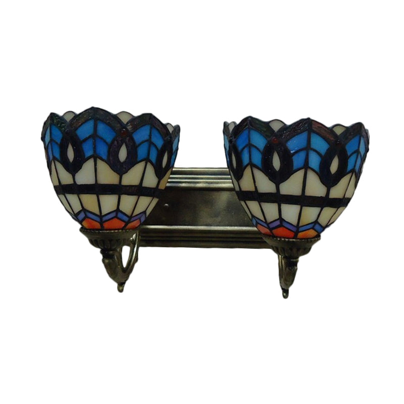 Vintage Bowl Wall Fixture Light Stained Glass 2 Lights Wall Sconce Lamp Fixture for Bedroom Lighting Clearhalo 'Industrial' 'Middle century wall lights' 'Tiffany wall lights' 'Tiffany' 'Wall Lamps & Sconces' 'Wall Lights' Lighting' 185000