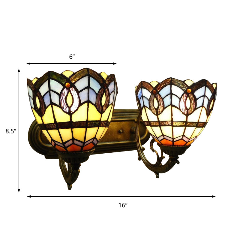 Vintage Bowl Wall Fixture Light Stained Glass 2 Lights Wall Sconce Lamp Fixture for Bedroom Lighting Clearhalo 'Industrial' 'Middle century wall lights' 'Tiffany wall lights' 'Tiffany' 'Wall Lamps & Sconces' 'Wall Lights' Lighting' 185002
