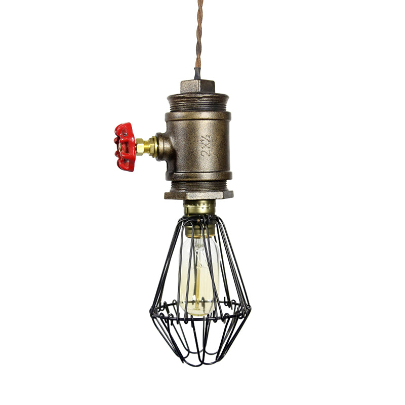 Industrial Wire Frame Pendant Lighting 1 Bulb Wrought Iron Ceiling Fixture with Red Valve in Bronze Clearhalo 'Art Deco Pendants' 'Cast Iron' 'Ceiling Lights' 'Ceramic' 'Crystal' 'Industrial Pendants' 'Industrial' 'Metal' 'Middle Century Pendants' 'Pendant Lights' 'Pendants' 'Tiffany' Lighting' 185005