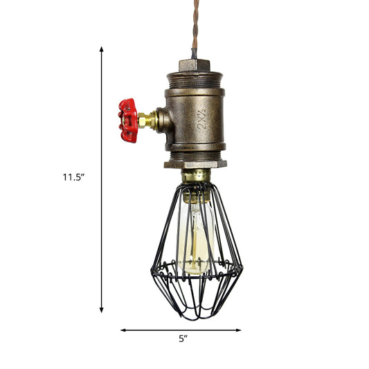 Industrial Wire Frame Pendant Lighting 1 Bulb Wrought Iron Ceiling Fixture with Red Valve in Bronze Clearhalo 'Art Deco Pendants' 'Cast Iron' 'Ceiling Lights' 'Ceramic' 'Crystal' 'Industrial Pendants' 'Industrial' 'Metal' 'Middle Century Pendants' 'Pendant Lights' 'Pendants' 'Tiffany' Lighting' 185006