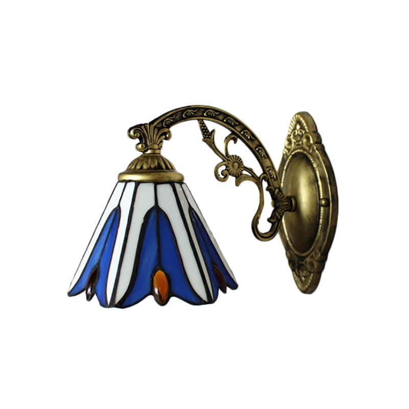 Vintage Bell Shade Wall Fixture Light Stained Glass 1 Light Wall Sconce in Blue for Bedroom Lighting Clearhalo 'Industrial' 'Middle century wall lights' 'Tiffany wall lights' 'Tiffany' 'Wall Lamps & Sconces' 'Wall Lights' Lighting' 185014