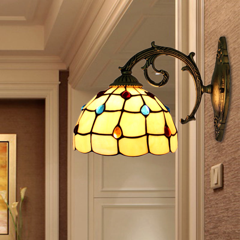 Vintage Bowl Wall Light Stained Glass 1 Light Wall Sconce Lamp Fixture with Jewel Pattern in Beige Beige Clearhalo 'Industrial' 'Middle century wall lights' 'Tiffany wall lights' 'Tiffany' 'Wall Lamps & Sconces' 'Wall Lights' Lighting' 185034