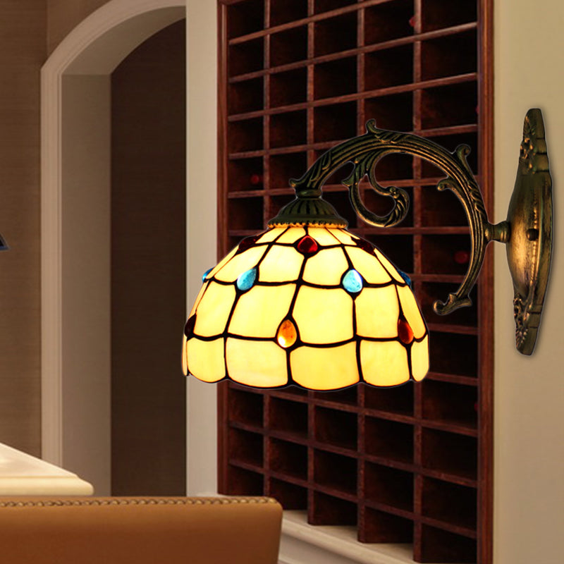 Vintage Bowl Wall Light Stained Glass 1 Light Wall Sconce Lamp Fixture with Jewel Pattern in Beige Clearhalo 'Industrial' 'Middle century wall lights' 'Tiffany wall lights' 'Tiffany' 'Wall Lamps & Sconces' 'Wall Lights' Lighting' 185035