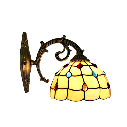 Vintage Bowl Wall Light Stained Glass 1 Light Wall Sconce Lamp Fixture with Jewel Pattern in Beige Clearhalo 'Industrial' 'Middle century wall lights' 'Tiffany wall lights' 'Tiffany' 'Wall Lamps & Sconces' 'Wall Lights' Lighting' 185036