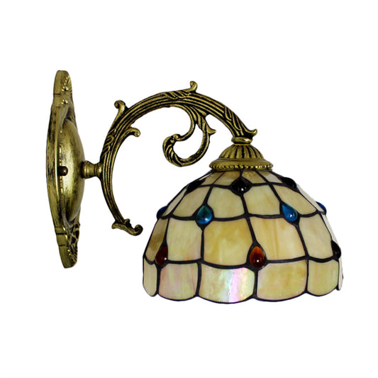 Vintage Bowl Wall Light Stained Glass 1 Light Wall Sconce Lamp Fixture with Jewel Pattern in Beige Clearhalo 'Industrial' 'Middle century wall lights' 'Tiffany wall lights' 'Tiffany' 'Wall Lamps & Sconces' 'Wall Lights' Lighting' 185037
