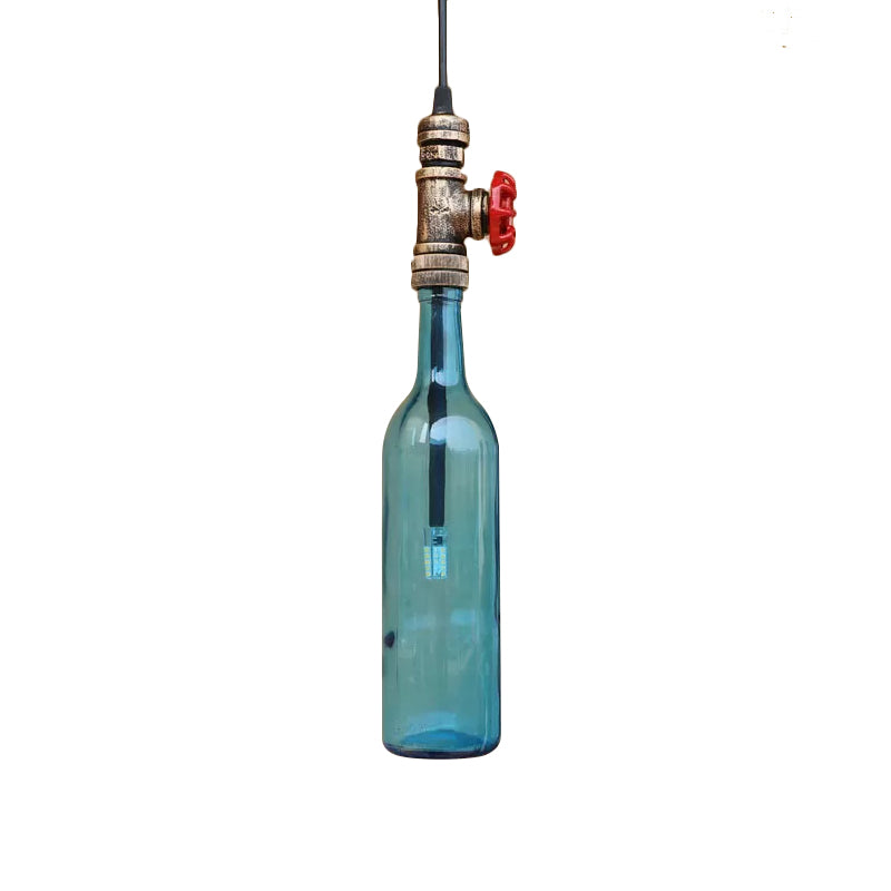Water Pipe Restaurant Ceiling Fixture with Bottle Shade and Valve Antique Glass 1 Light Blue/Amber Pendant Lighting Clearhalo 'Ceiling Lights' 'Glass shade' 'Glass' 'Industrial Pendants' 'Industrial' 'Middle Century Pendants' 'Pendant Lights' 'Pendants' 'Tiffany' Lighting' 185051