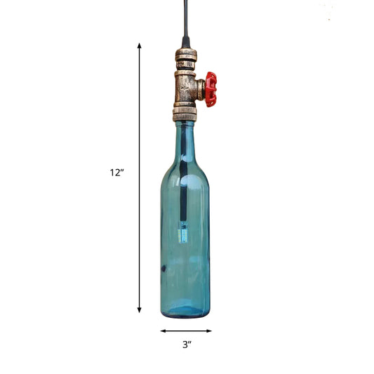 Water Pipe Restaurant Ceiling Fixture with Bottle Shade and Valve Antique Glass 1 Light Blue/Amber Pendant Lighting Clearhalo 'Ceiling Lights' 'Glass shade' 'Glass' 'Industrial Pendants' 'Industrial' 'Middle Century Pendants' 'Pendant Lights' 'Pendants' 'Tiffany' Lighting' 185052