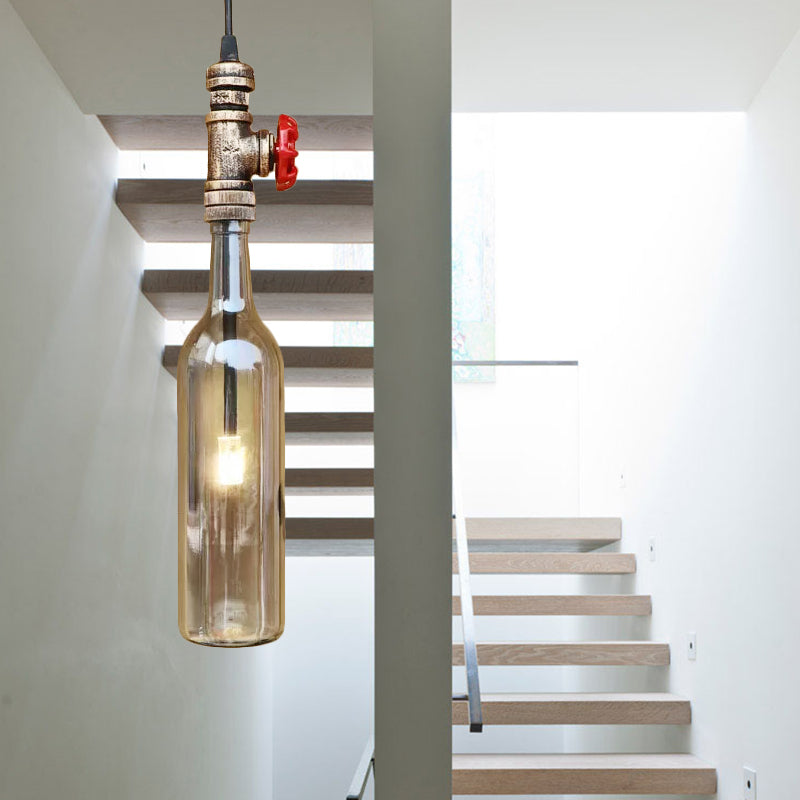Water Pipe Restaurant Ceiling Fixture with Bottle Shade and Valve Antique Glass 1 Light Blue/Amber Pendant Lighting Smoke Gray Clearhalo 'Ceiling Lights' 'Glass shade' 'Glass' 'Industrial Pendants' 'Industrial' 'Middle Century Pendants' 'Pendant Lights' 'Pendants' 'Tiffany' Lighting' 185056