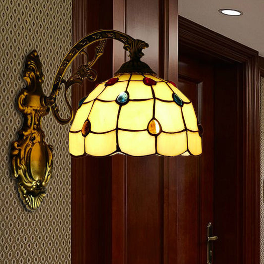 Yellow Wall Fixture Light Tiffany Stained Glass 1 Light Jewel Wall Sconce Lighting with Bowl Shade Yellow Clearhalo 'Industrial' 'Middle century wall lights' 'Tiffany wall lights' 'Tiffany' 'Wall Lamps & Sconces' 'Wall Lights' Lighting' 185130