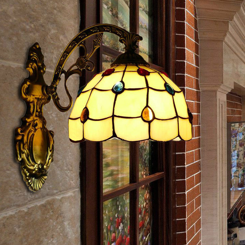 Yellow Wall Fixture Light Tiffany Stained Glass 1 Light Jewel Wall Sconce Lighting with Bowl Shade Clearhalo 'Industrial' 'Middle century wall lights' 'Tiffany wall lights' 'Tiffany' 'Wall Lamps & Sconces' 'Wall Lights' Lighting' 185131