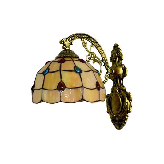 Yellow Wall Fixture Light Tiffany Stained Glass 1 Light Jewel Wall Sconce Lighting with Bowl Shade Clearhalo 'Industrial' 'Middle century wall lights' 'Tiffany wall lights' 'Tiffany' 'Wall Lamps & Sconces' 'Wall Lights' Lighting' 185133