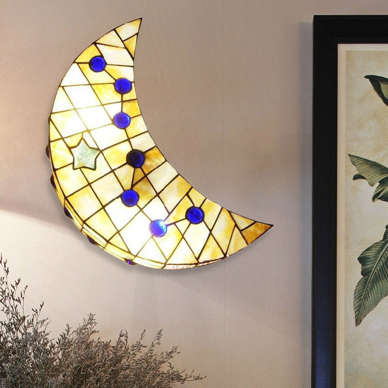 Moon Shape Wall Light Vintage Stained Glass 1-Light Wall Sconce for Hallway Beige Clearhalo 'Industrial' 'Middle century wall lights' 'Tiffany wall lights' 'Tiffany' 'Wall Lamps & Sconces' 'Wall Lights' Lighting' 185148