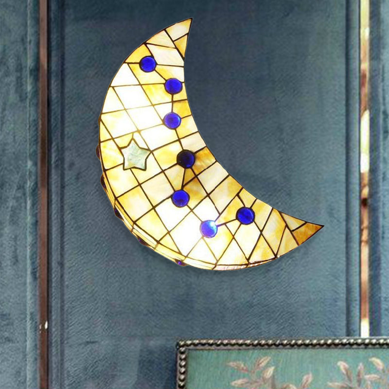 Moon Shape Wall Light Vintage Stained Glass 1-Light Wall Sconce for Hallway Clearhalo 'Industrial' 'Middle century wall lights' 'Tiffany wall lights' 'Tiffany' 'Wall Lamps & Sconces' 'Wall Lights' Lighting' 185149