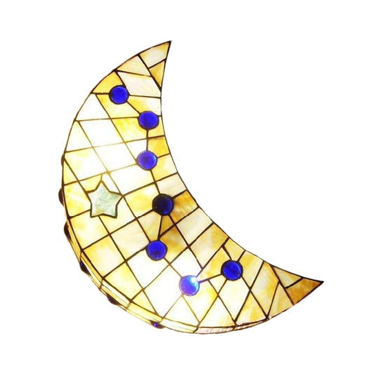 Moon Shape Wall Light Vintage Stained Glass 1-Light Wall Sconce for Hallway Clearhalo 'Industrial' 'Middle century wall lights' 'Tiffany wall lights' 'Tiffany' 'Wall Lamps & Sconces' 'Wall Lights' Lighting' 185150