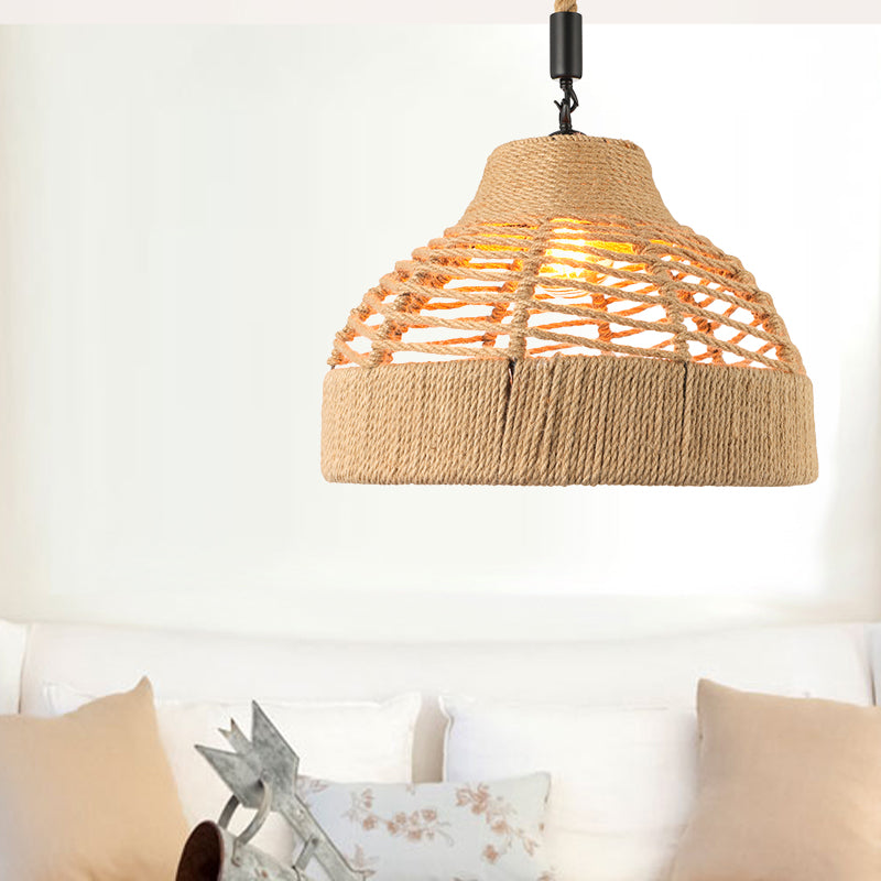 Rope Flared/Bowl Cage Shade Pendant Light Vintage Industrial 1 Head Restaurant Hanging Lamp in Beige Beige Bowl Clearhalo 'Ceiling Lights' 'Industrial Pendants' 'Industrial' 'Middle Century Pendants' 'Pendant Lights' 'Pendants' 'Tiffany' Lighting' 185194