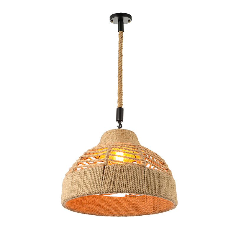 Rope Flared/Bowl Cage Shade Pendant Light Vintage Industrial 1 Head Restaurant Hanging Lamp in Beige Clearhalo 'Ceiling Lights' 'Industrial Pendants' 'Industrial' 'Middle Century Pendants' 'Pendant Lights' 'Pendants' 'Tiffany' Lighting' 185196