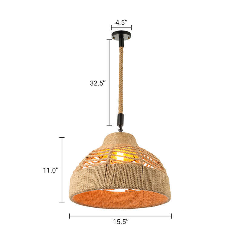 Rope Flared/Bowl Cage Shade Pendant Light Vintage Industrial 1 Head Restaurant Hanging Lamp in Beige Clearhalo 'Ceiling Lights' 'Industrial Pendants' 'Industrial' 'Middle Century Pendants' 'Pendant Lights' 'Pendants' 'Tiffany' Lighting' 185197